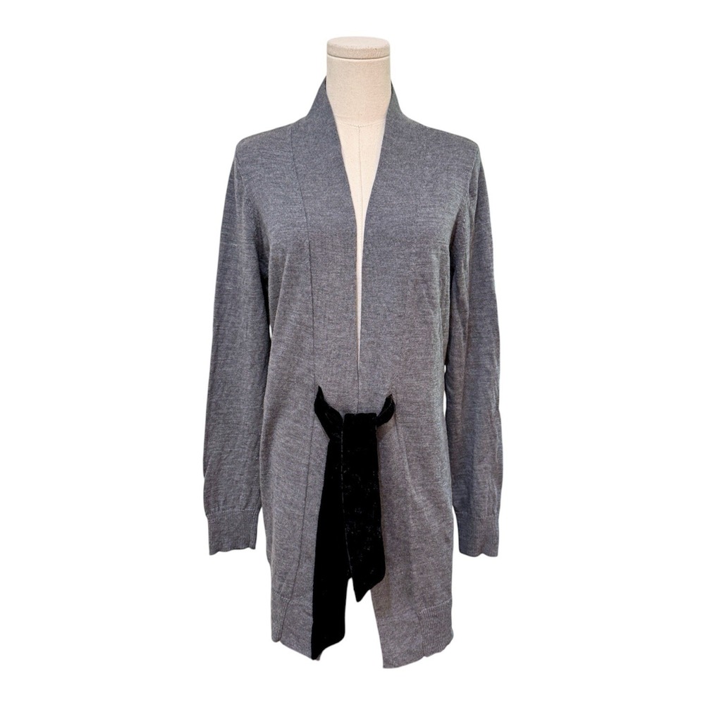 Talbots 100% Merino Wool Long Cardigan L Gray Black Velvet Tie Front Minimalist